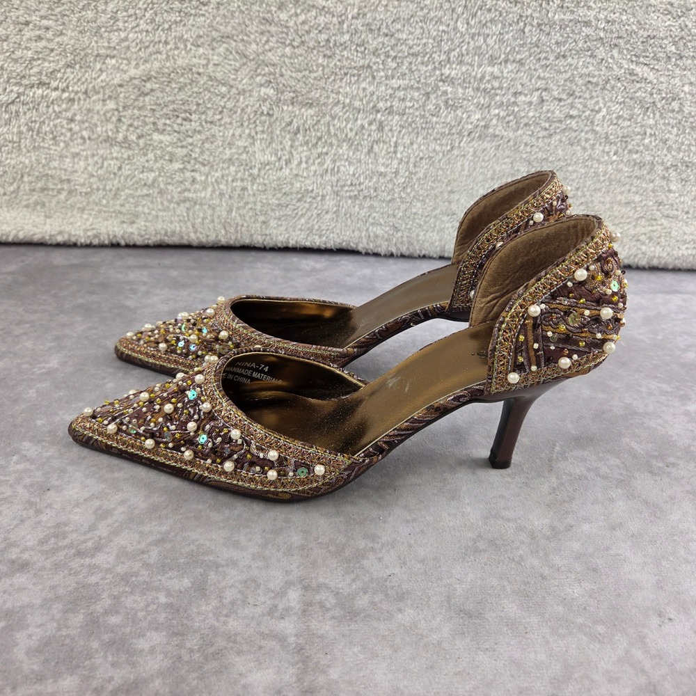 M.P.S. Nina-74 Brown Gold Beaded Pearl Embroidered Pointed Toe Kitten Heels 8.5